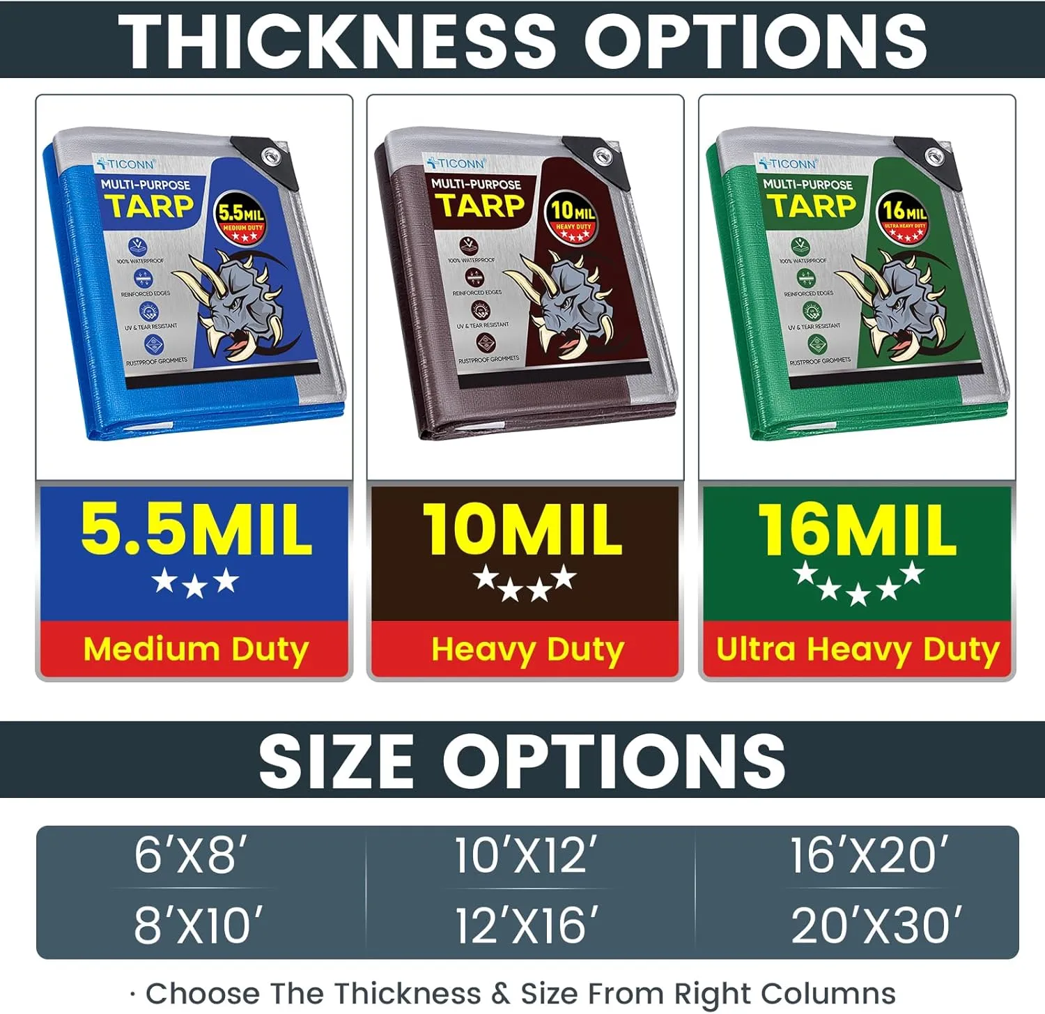 TICONN Heavy Duty Tarp Cover, Extra Thick Tarps Waterproof Tear and Rip Proof UV Resistant Tarpaulin with Reinforced Grommets and Edges (5.5 Mil, 8'x10')