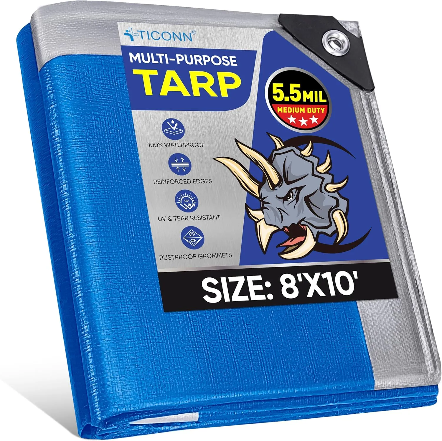 TICONN Heavy Duty Tarp Cover, Extra Thick Tarps Waterproof Tear and Rip Proof UV Resistant Tarpaulin with Reinforced Grommets and Edges (5.5 Mil, 8'x10')