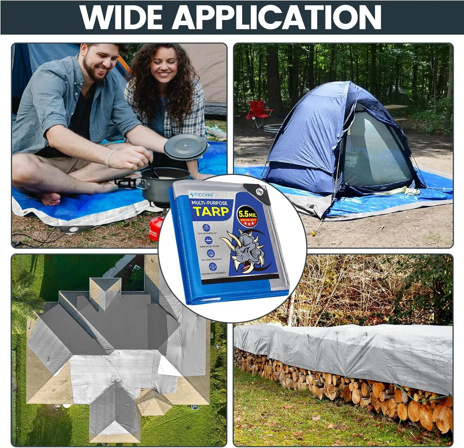 TICONN Heavy Duty Tarp Cover, Extra Thick Tarps Waterproof Tear and Rip Proof UV Resistant Tarpaulin with Reinforced Grommets and Edges (5.5 Mil, 8'x10')
