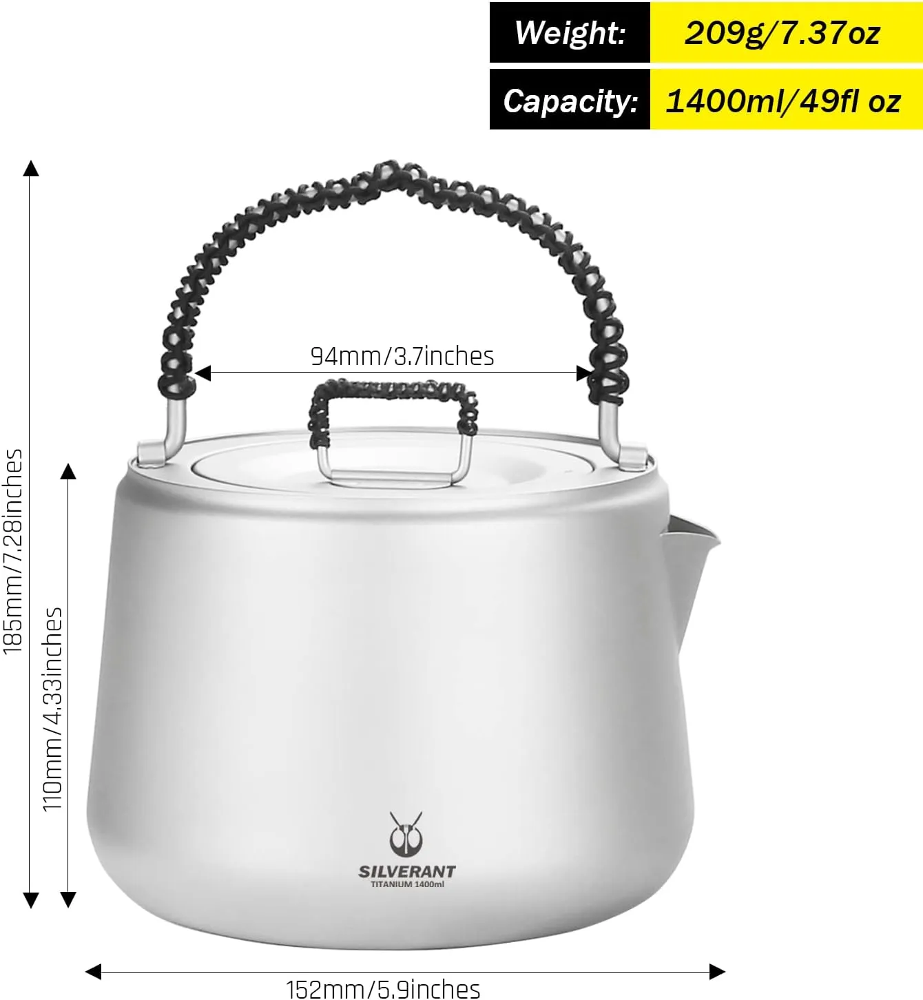 Titanium Camping Kettle, Titanium Pot with Lid Folding Bail Handle Camping Coffee & Tea Pot for Outdoor Backpacking Hiking Teapot 1200ml - Sandblasted