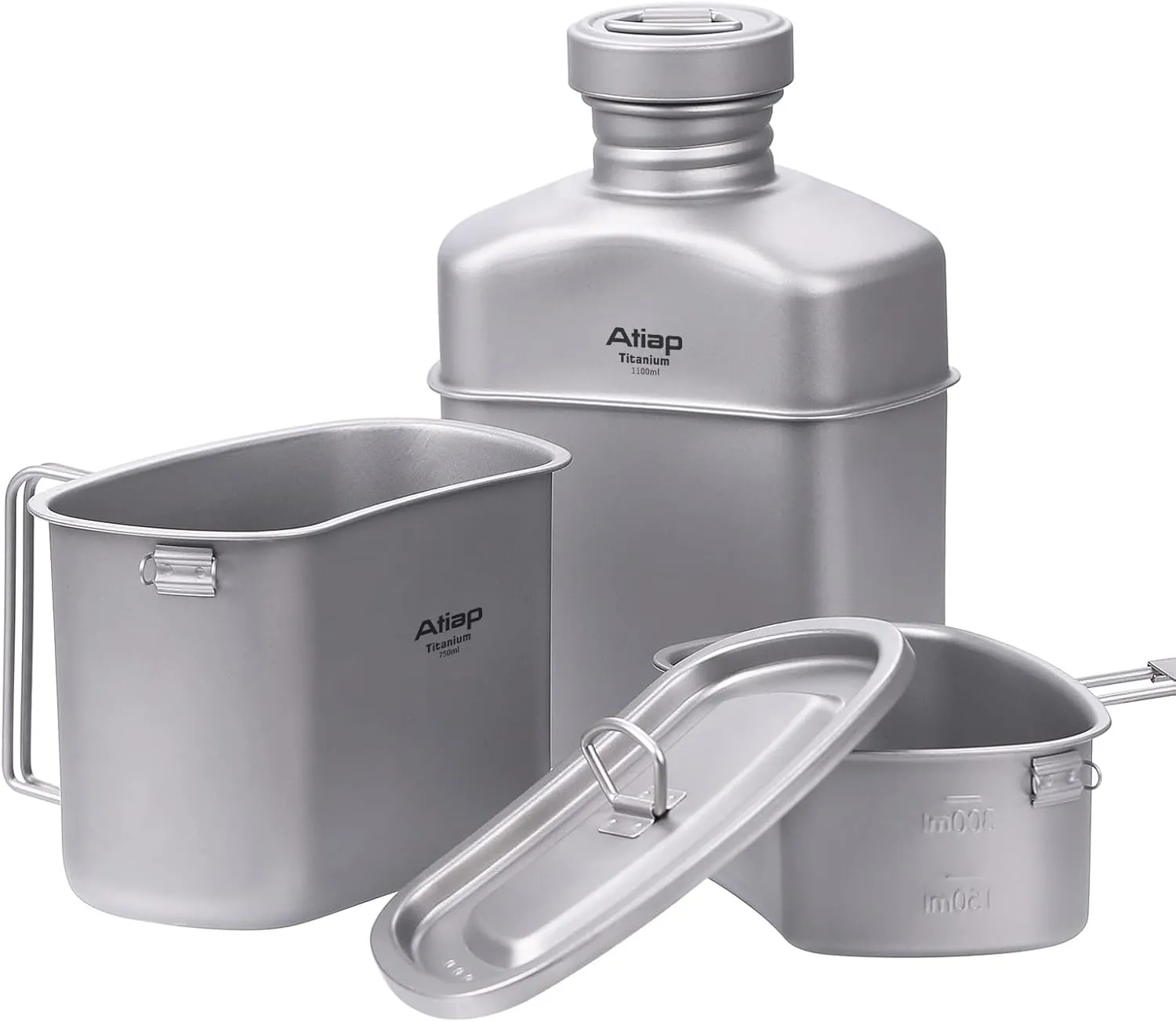 Titanium Canteen Mess Kit with Water Bottle Pot, Ultralight Portable 1100ML Pot with 750ML and 400ML Stackable Cups for Outdoor Camping Hiking