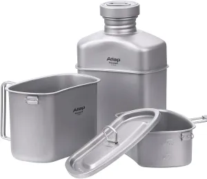 Titanium Canteen Mess Kit with Water Bottle Pot, Ultralight Portable 1100ML Pot with 750ML and 400ML Stackable Cups for Outdoor Camping Hiking