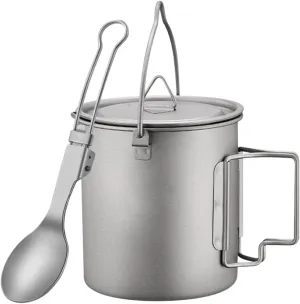 Titanium Pot & Folding Spoon, Lightweight Camping Pot with Folding Handle, Titanium Cup for Backpacking Hiking Traveling Camping Picnic