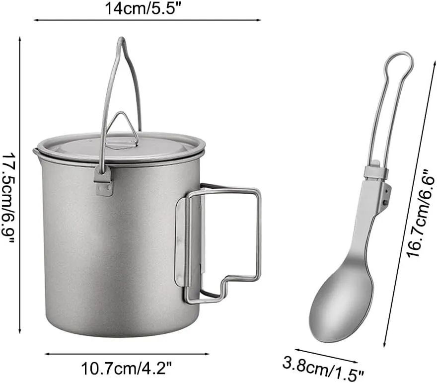 Titanium Pot & Folding Spoon, Lightweight Camping Pot with Folding Handle, Titanium Cup for Backpacking Hiking Traveling Camping Picnic