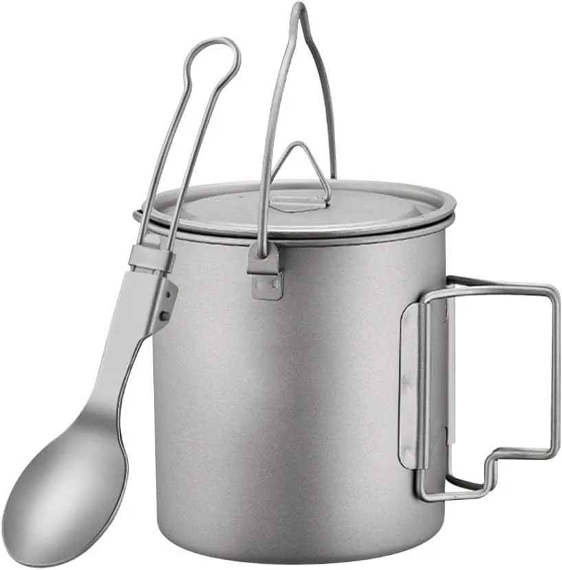 Titanium Pot & Folding Spoon, Lightweight Camping Pot with Folding Handle, Titanium Cup for Backpacking Hiking Traveling Camping Picnic