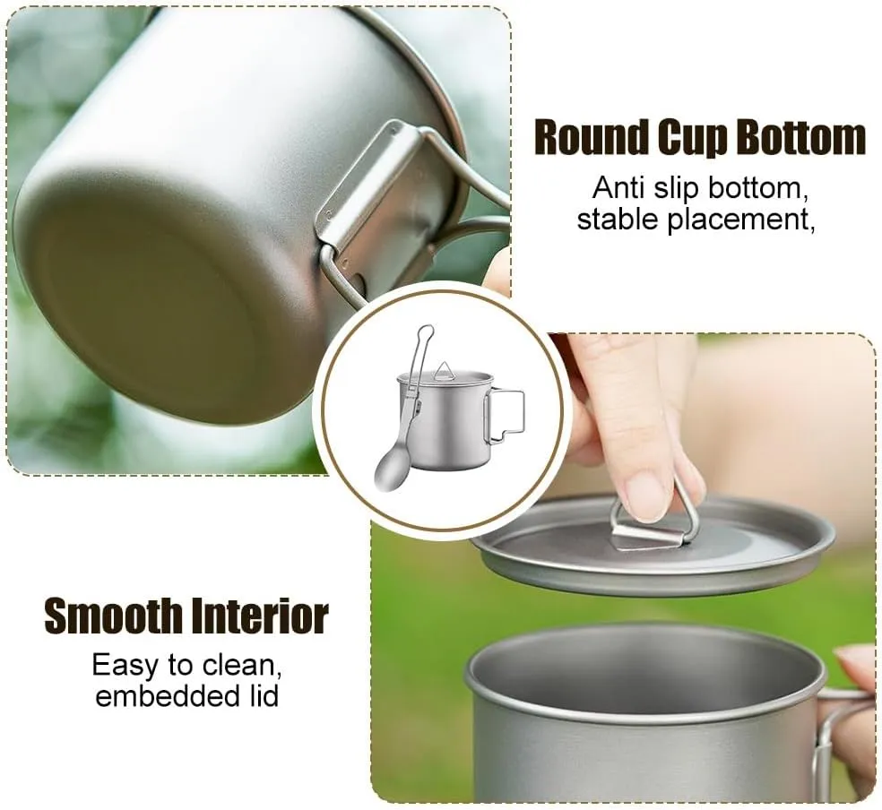 Titanium Pot & Folding Spoon, Lightweight Camping Pot with Folding Handle, Titanium Cup for Backpacking Hiking Traveling Camping Picnic
