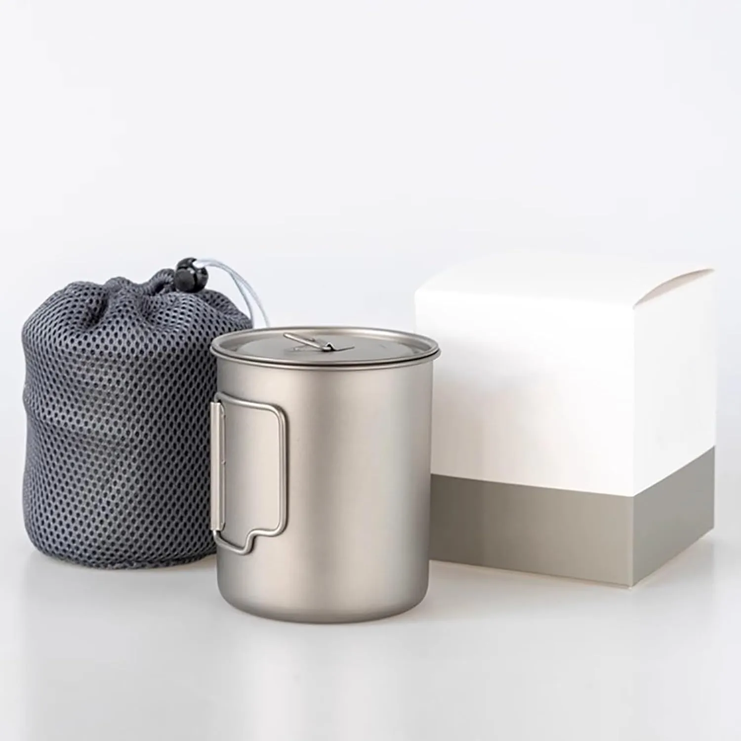 Titanium Pot, Camping Coffee Mugs, Camping Cookware, with Lid and Foldable Handle, Backpacking Cup for Outdoor Hiking Cooking(350ML)
