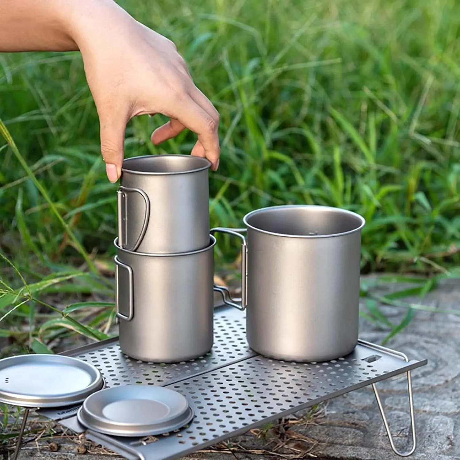 Titanium Pot, Camping Coffee Mugs, Camping Cookware, with Lid and Foldable Handle, Backpacking Cup for Outdoor Hiking Cooking(350ML)