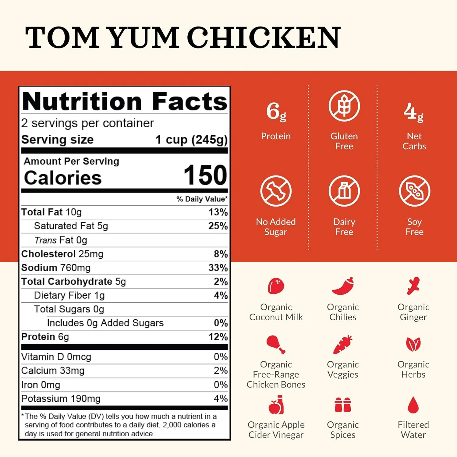 Tom Yum Chicken Keto Bone Broth, Chicken by Kettle and Fire, Keto Diet, Paleo Friendly, Gluten Free, with Collagen, 4g Net Carbs, 6g of Protein (Pack of 6)