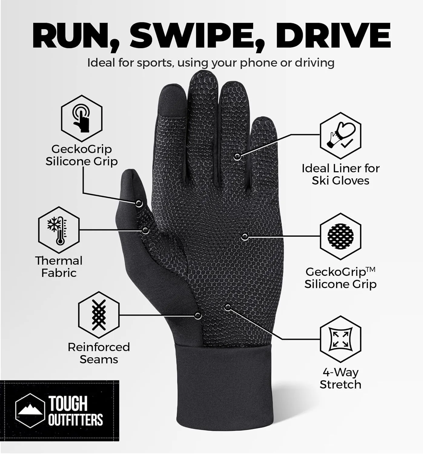 Tough Outdoors Running Gloves for Men & Women - Winter Liners & Touchscreen - Lightweight & Hiking Gloves