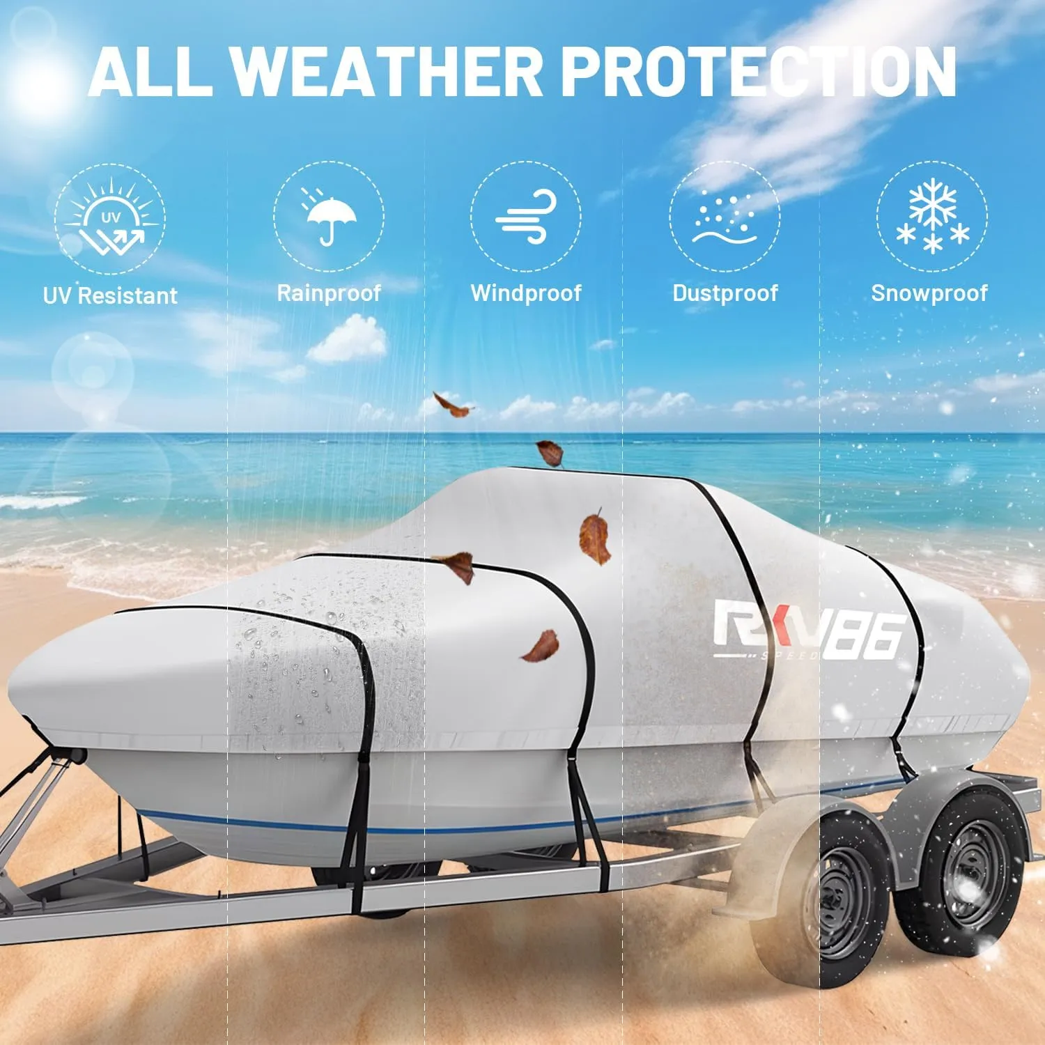 Trailerable Boat Cover, 17'- 19' Heavy Duty 600D Waterproof Tarp Covers with Storage Bag, Marine Grade Polyester Canvas, Fits 17-19ft Bass Boat, V-Hull, Tri-Hull, Runabout Bowrider Boat (Silver)
