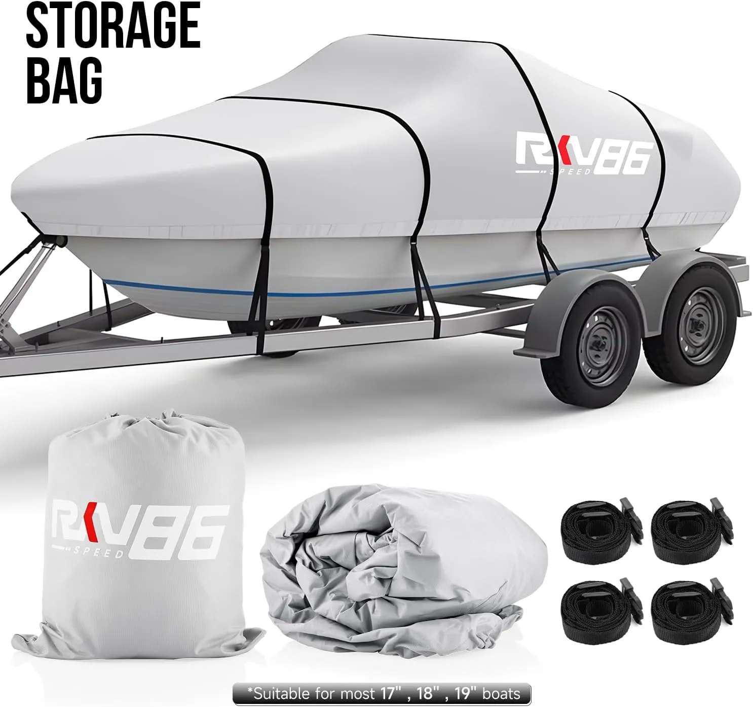 Trailerable Boat Cover, 17'- 19' Heavy Duty 600D Waterproof Tarp Covers with Storage Bag, Marine Grade Polyester Canvas, Fits 17-19ft Bass Boat, V-Hull, Tri-Hull, Runabout Bowrider Boat (Silver)