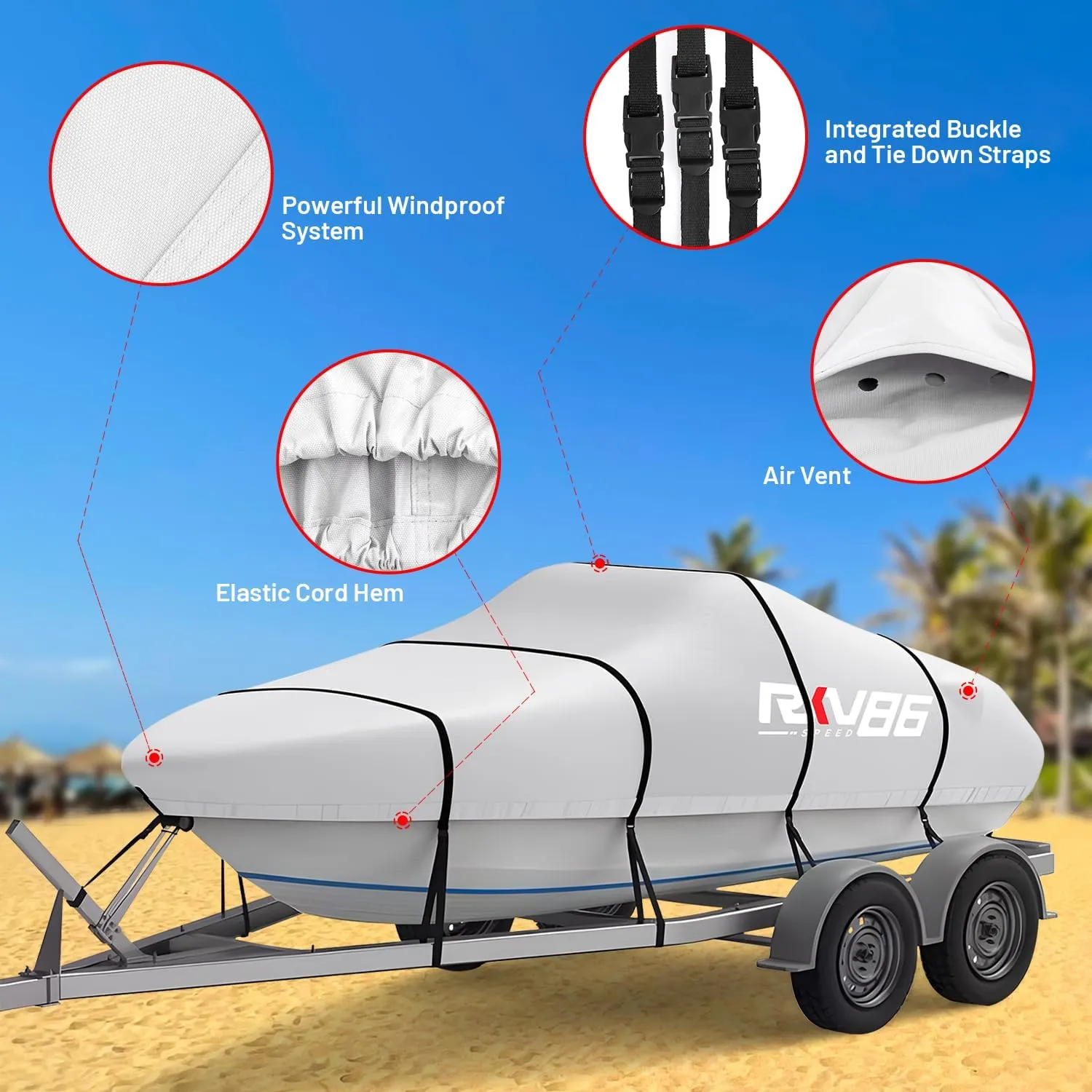 Trailerable Boat Cover, 17'- 19' Heavy Duty 600D Waterproof Tarp Covers with Storage Bag, Marine Grade Polyester Canvas, Fits 17-19ft Bass Boat, V-Hull, Tri-Hull, Runabout Bowrider Boat (Silver)