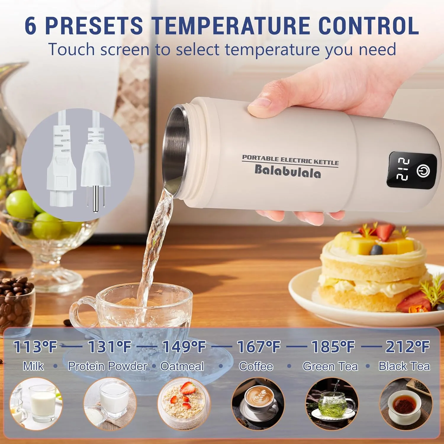 Travel Electric Kettle, Balabulala Portable Water Boiler with 6 Variable Presets, Personal Small Electric Kettle with Keep Warm Temperature Controls & Boil Dry Protection, 17oz