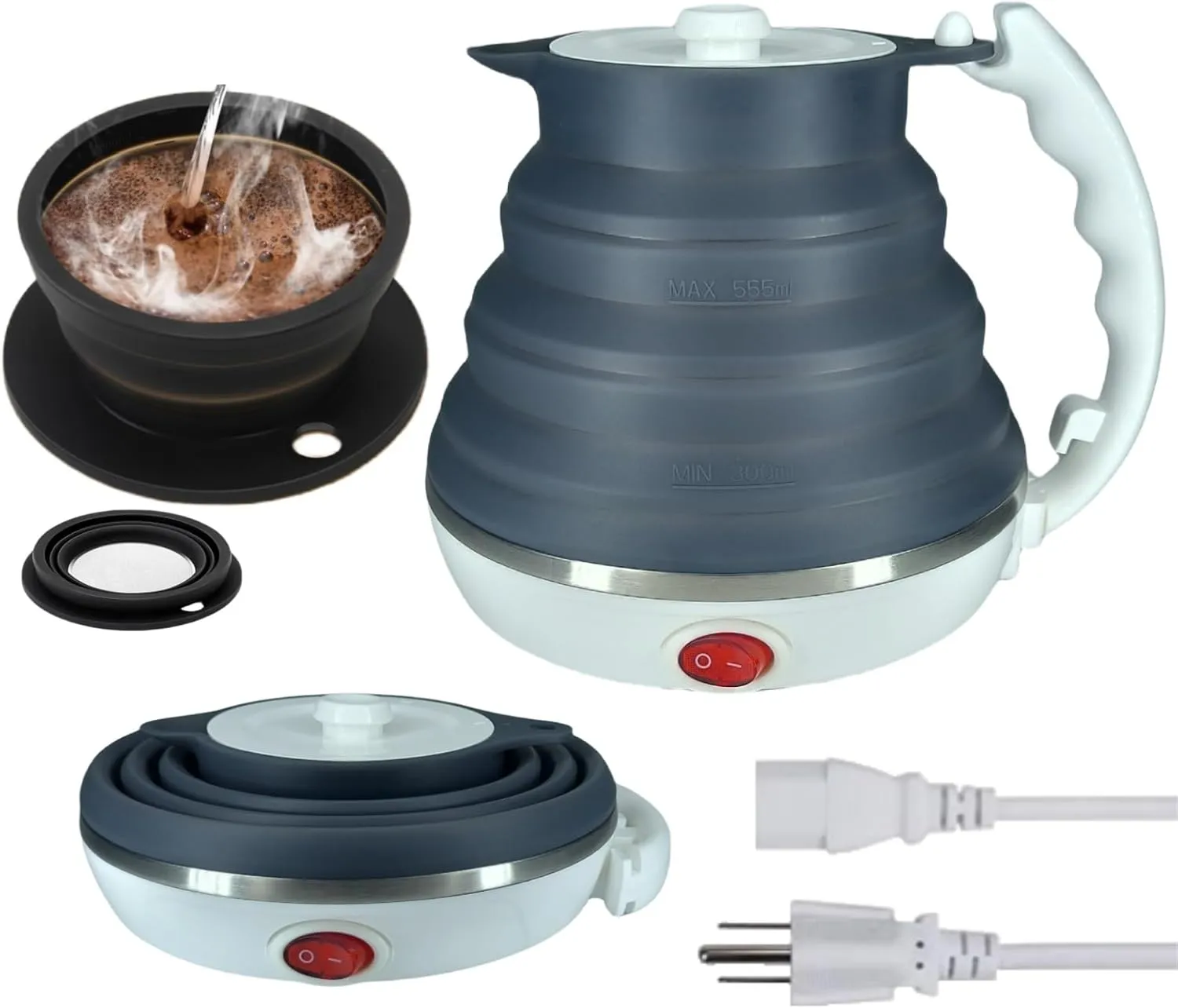 Travel Electric Kettle Small, Collpasible Electric Kettle, Portable Travel Tea Kettle   Paperless Collapsible Pour Over Coffee Dripper, Travel Pour Over Coffee Maker Camping Single Cup (Black)
