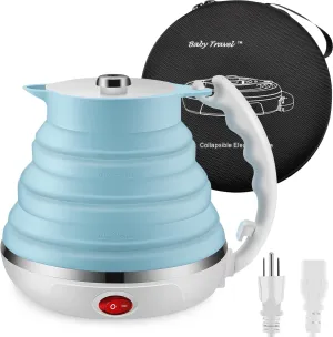Travel Electric Kettle Small Size Portable Travel Foldable Electric Kettle Food-Safe Silicone Water Boiler Auto Shut off and Keep Warm, Suitable for 110V/220V Dual Voltage 555ml