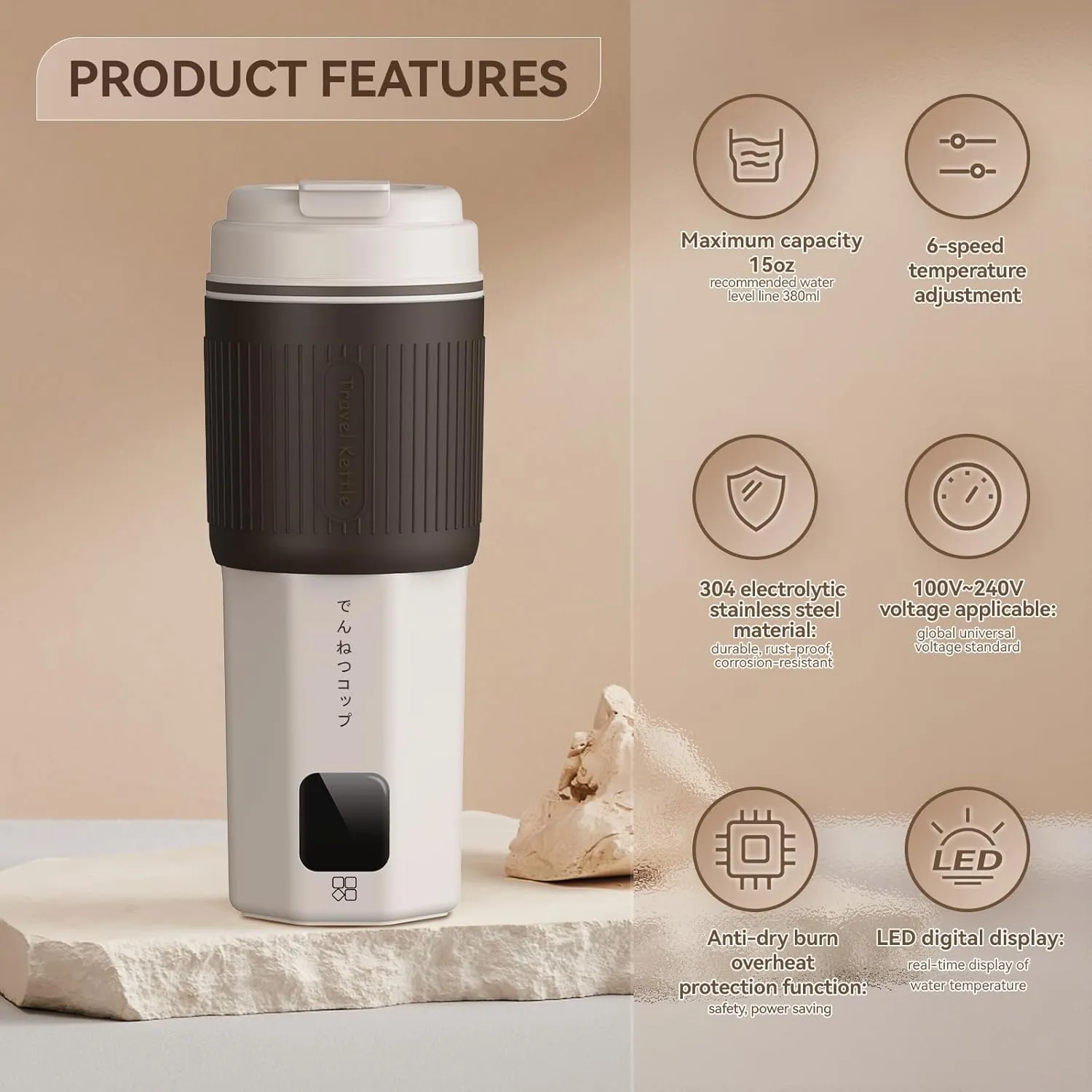 Travel Kettles 13oz 300W with 6 Temperature Control Small Portable Kettles, Overheat Protection Electric Kettle, Stainless Steel Leakproof Design Small Kettle for 110V to 240V