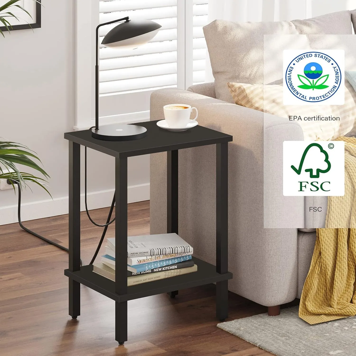 TUTOTAK End Table, Side Table, Nightstand, 2-Tier Storage Shelf, Sofa Side Table for Small Space, Living Room, Bed Room Black TB01BK034