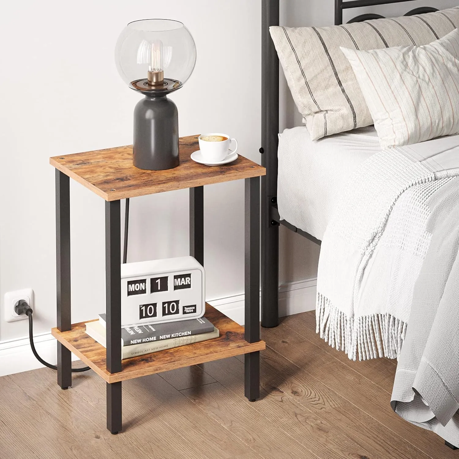 TUTOTAK End Table, Side Table, Nightstand, 2-Tier Storage Shelf, Sofa Side Table for Small Space, Living Room, Bed Room Brown and Black TB01BB034