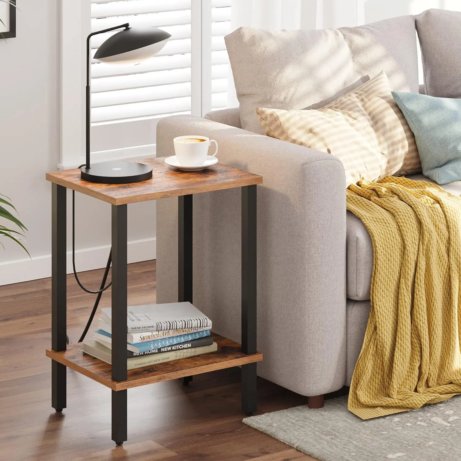 TUTOTAK End Table, Side Table, Nightstand, 2-Tier Storage Shelf, Sofa Side Table for Small Space, Living Room, Bed Room Brown and Black TB01BB034