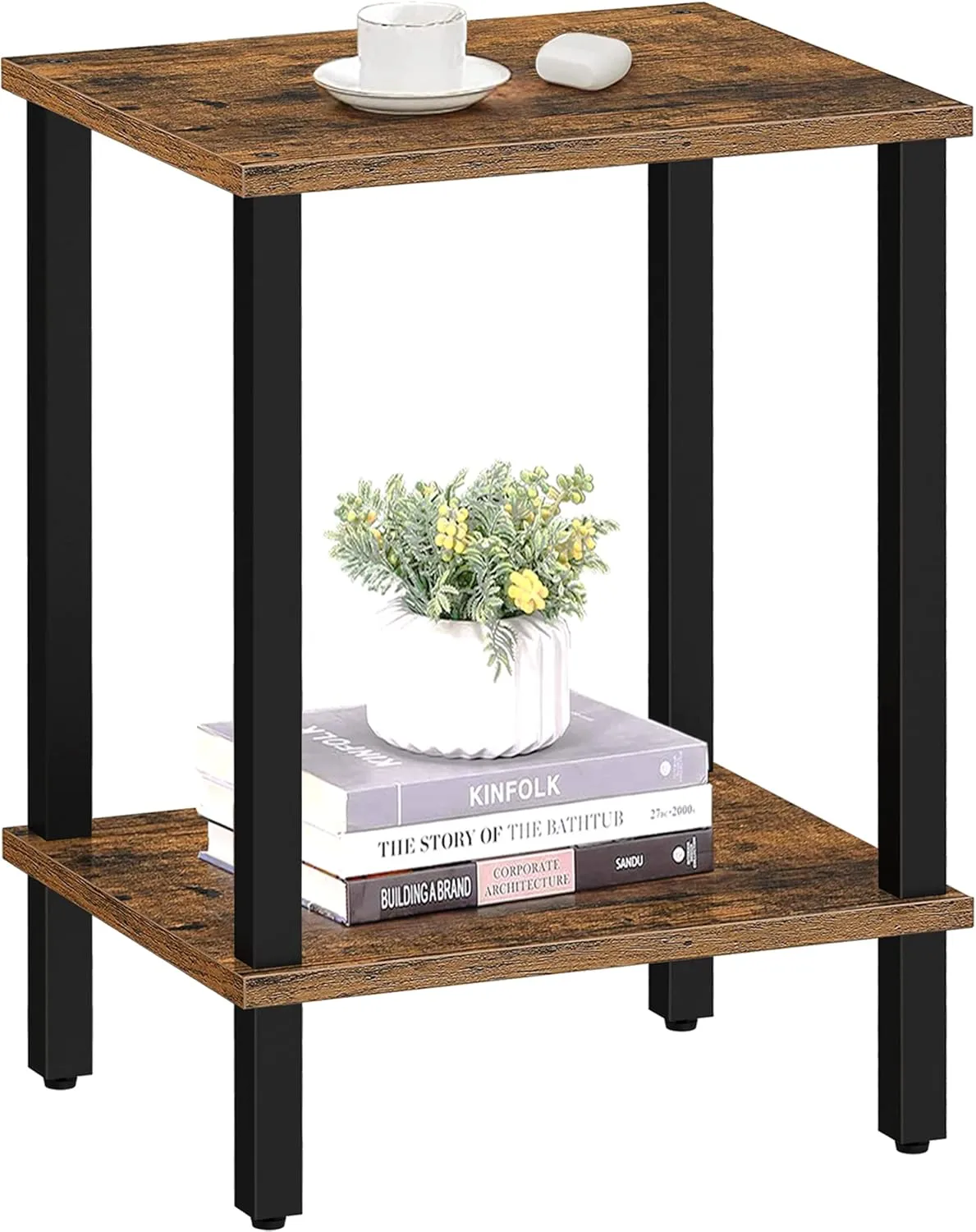 TUTOTAK End Table, Side Table, Nightstand, 2-Tier Storage Shelf, Sofa Side Table for Small Space, Living Room, Bed Room Brown and Black TB01BB034