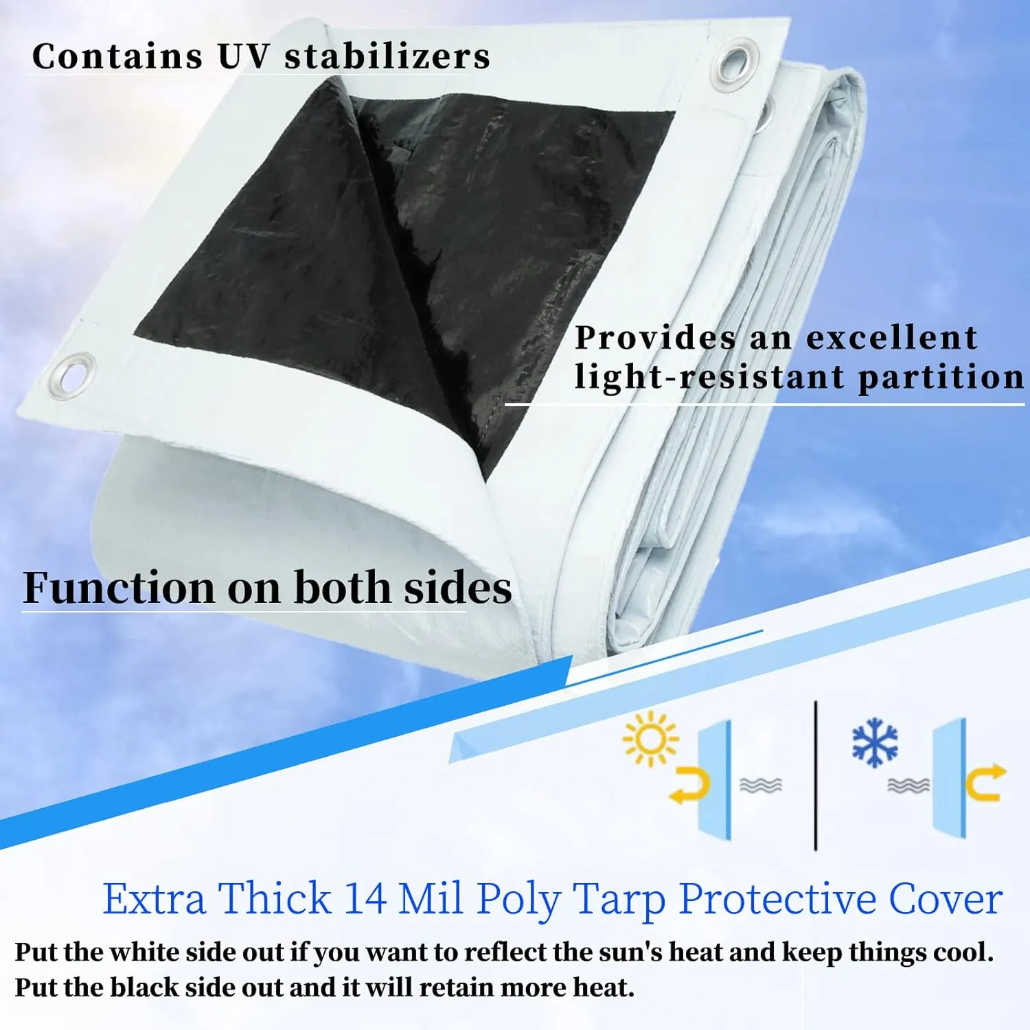 UCINNOVATE 6.2x13 ft Reversible Heavy Duty White/Black Tarp, 10Mil Waterproof Poly Tarp with Grommets Every 19’’ for Outddor, UV Resistant Plastic Tarp Cover for Tariler Truck Boat Firewood Kennel