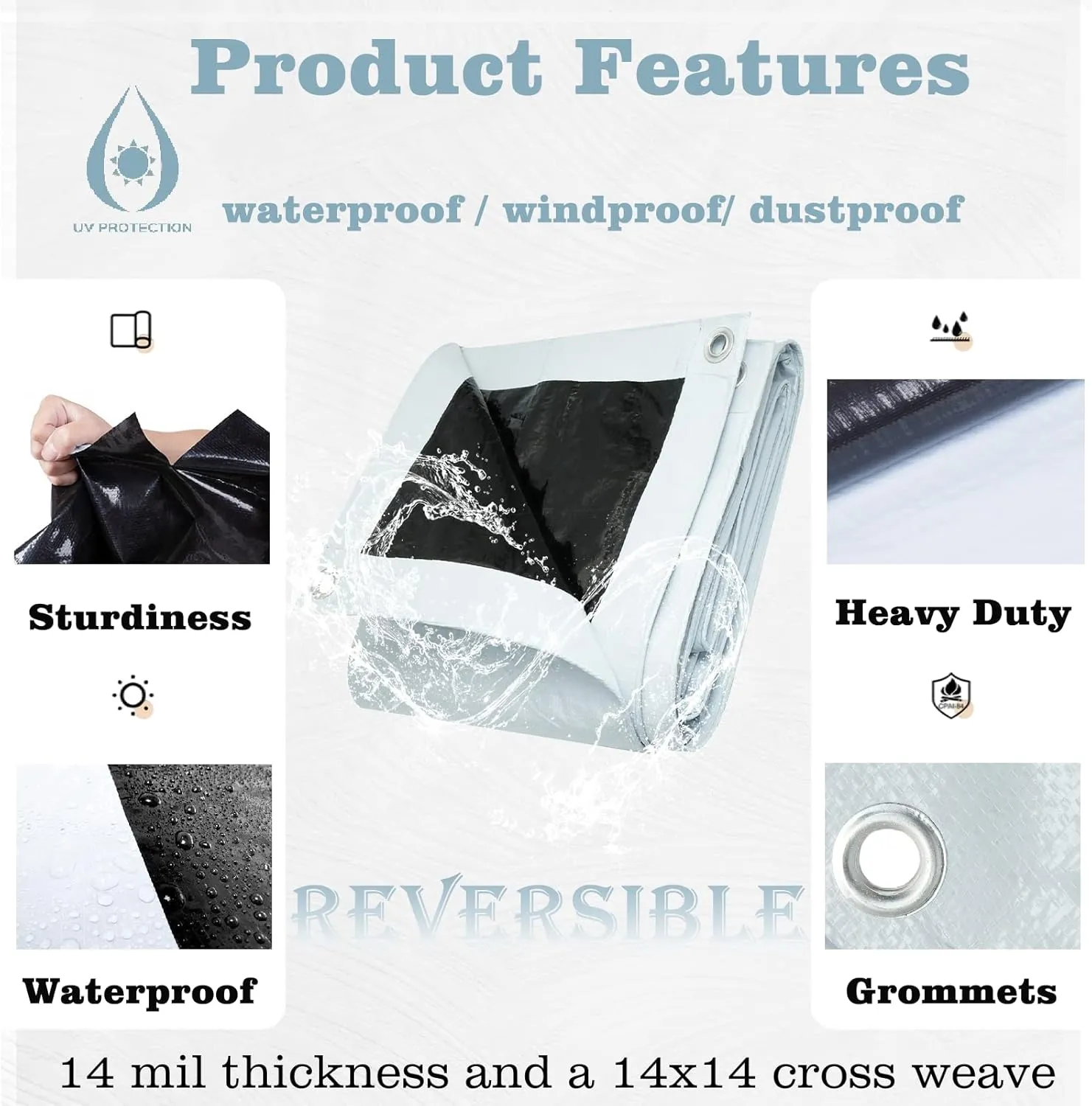 UCINNOVATE 6.2x13 ft Reversible Heavy Duty White/Black Tarp, 10Mil Waterproof Poly Tarp with Grommets Every 19’’ for Outddor, UV Resistant Plastic Tarp Cover for Tariler Truck Boat Firewood Kennel