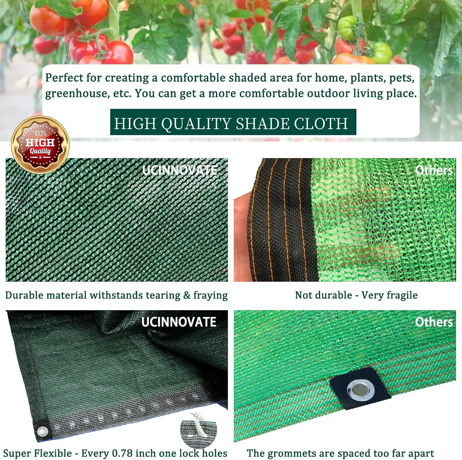 UCINNOVATE 70% Green Garden Sun Shade Cloth, 10x13 FT UV Resistant Sunblock Shade Net, Durable Mesh Shade Fabric Tarp with Grpmmets for Greenhouse, Plants Cover, Pergola, Canopy, Patio or Dog Kennel