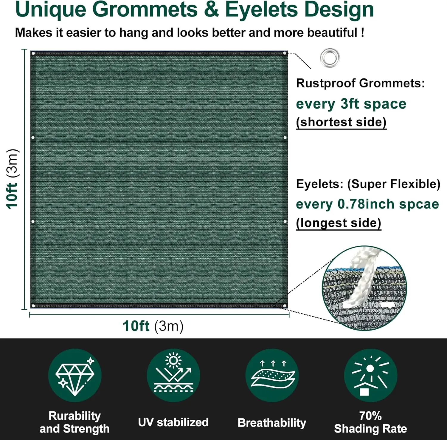 UCINNOVATE 70% Green Shade Cloth 10 x 10 ft Sunblock Mesh Fabric Garden Shade Cloth, Durable UV Resistant Plant Cover, Green Shade Net with Grommets & Eyelets for Greenhouse Patio Pergola Outdoor