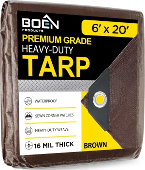 Ultra Heavy Duty Tarp Waterproof Large Cover | Brown, 6' x 20' 16 Mil Thick | Rip Proof Tarps | Thick Weave Material, UV Resistant Great for Tarpaulin Canopy Tent, Boat, RV or Pool Cover
