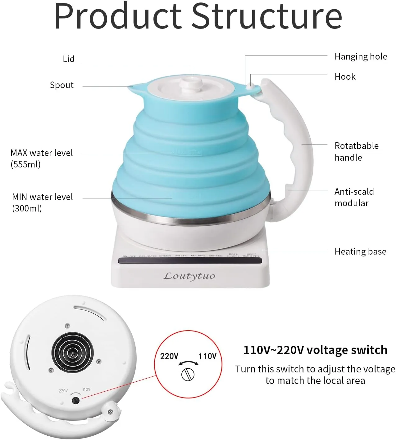 Ultrathin Food Grade Silicone Travel Foldable Electric Kettle Variable Temperature Control with Dual Voltage, Auto Shutoff & Boil Dry Protection & Keep Warm, 555ML 110-220V US Plug