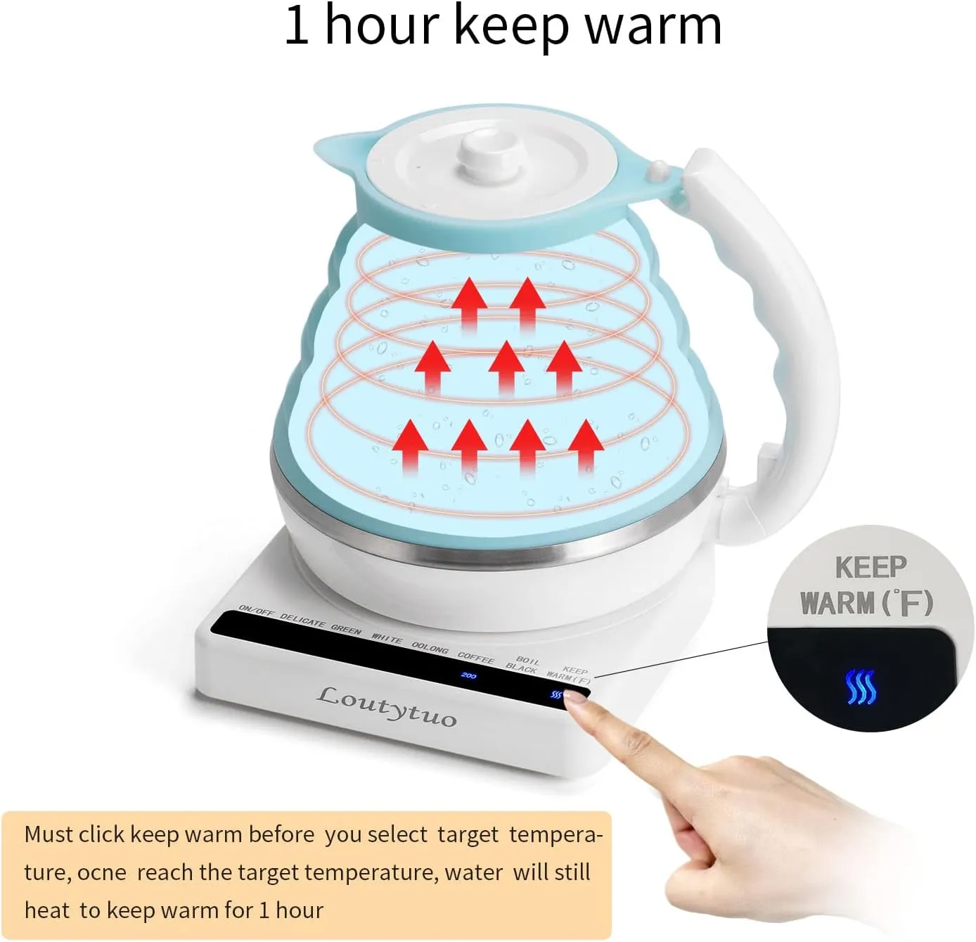 Ultrathin Food Grade Silicone Travel Foldable Electric Kettle Variable Temperature Control with Dual Voltage, Auto Shutoff & Boil Dry Protection & Keep Warm, 555ML 110-220V US Plug