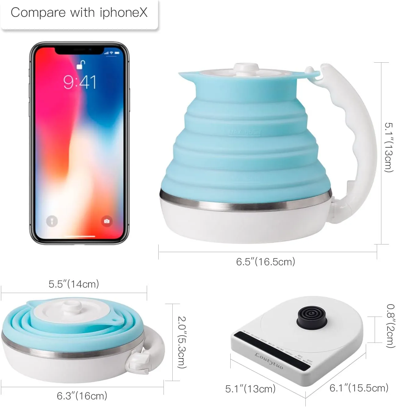 Ultrathin Food Grade Silicone Travel Foldable Electric Kettle Variable Temperature Control with Dual Voltage, Auto Shutoff & Boil Dry Protection & Keep Warm, 555ML 110-220V US Plug