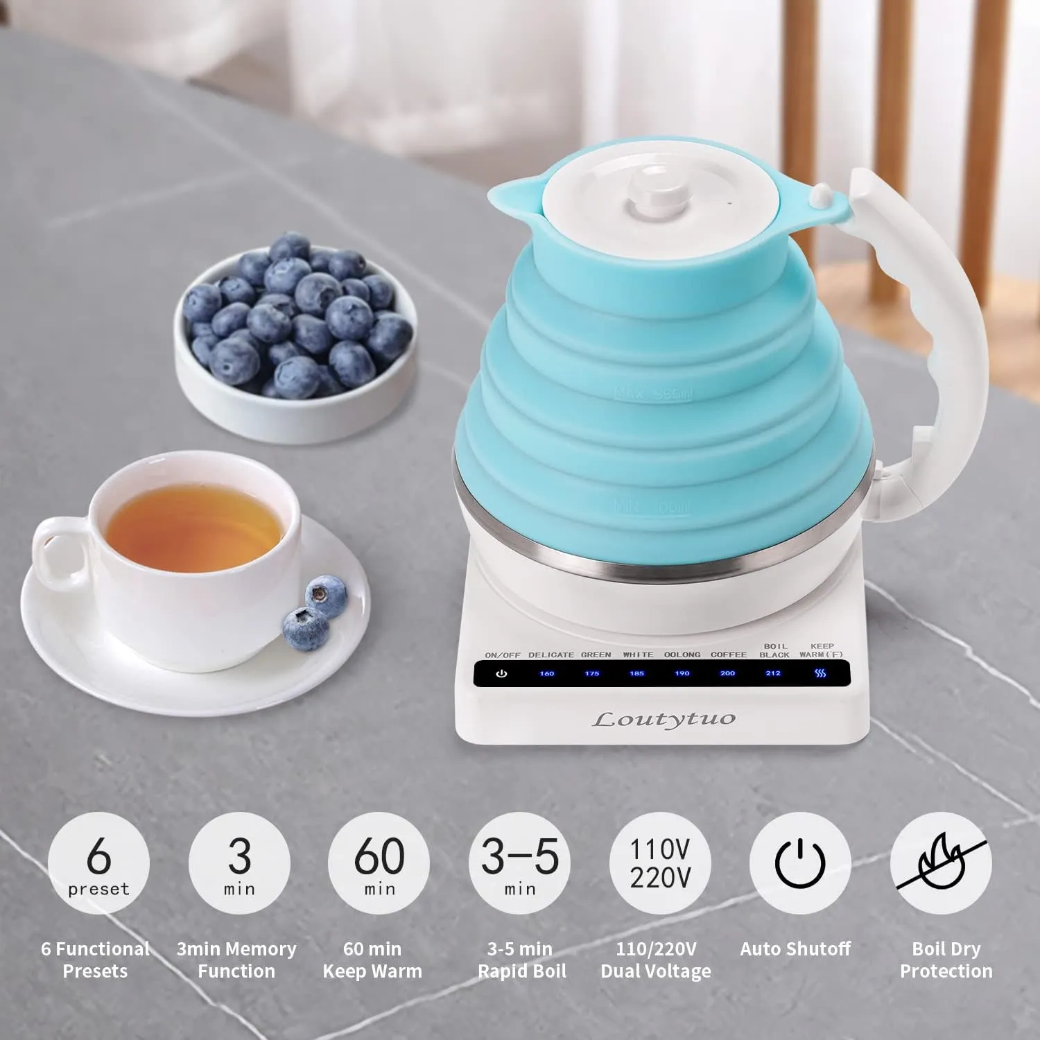 Ultrathin Food Grade Silicone Travel Foldable Electric Kettle Variable Temperature Control with Dual Voltage, Auto Shutoff & Boil Dry Protection & Keep Warm, 555ML 110-220V US Plug