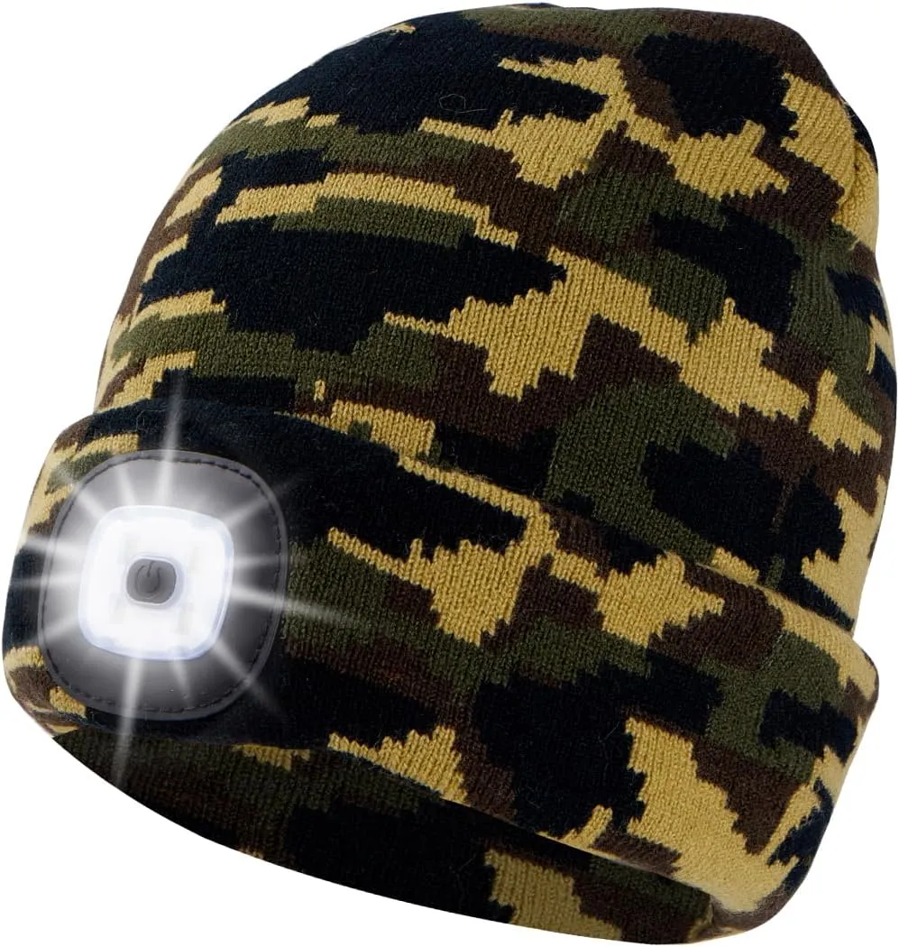 Unisex Beanie Hat with Light, USB Rechargeable LED Headlamp Cap Warm Knit Hats for Winter Safety，Gifts for Men Women Dad