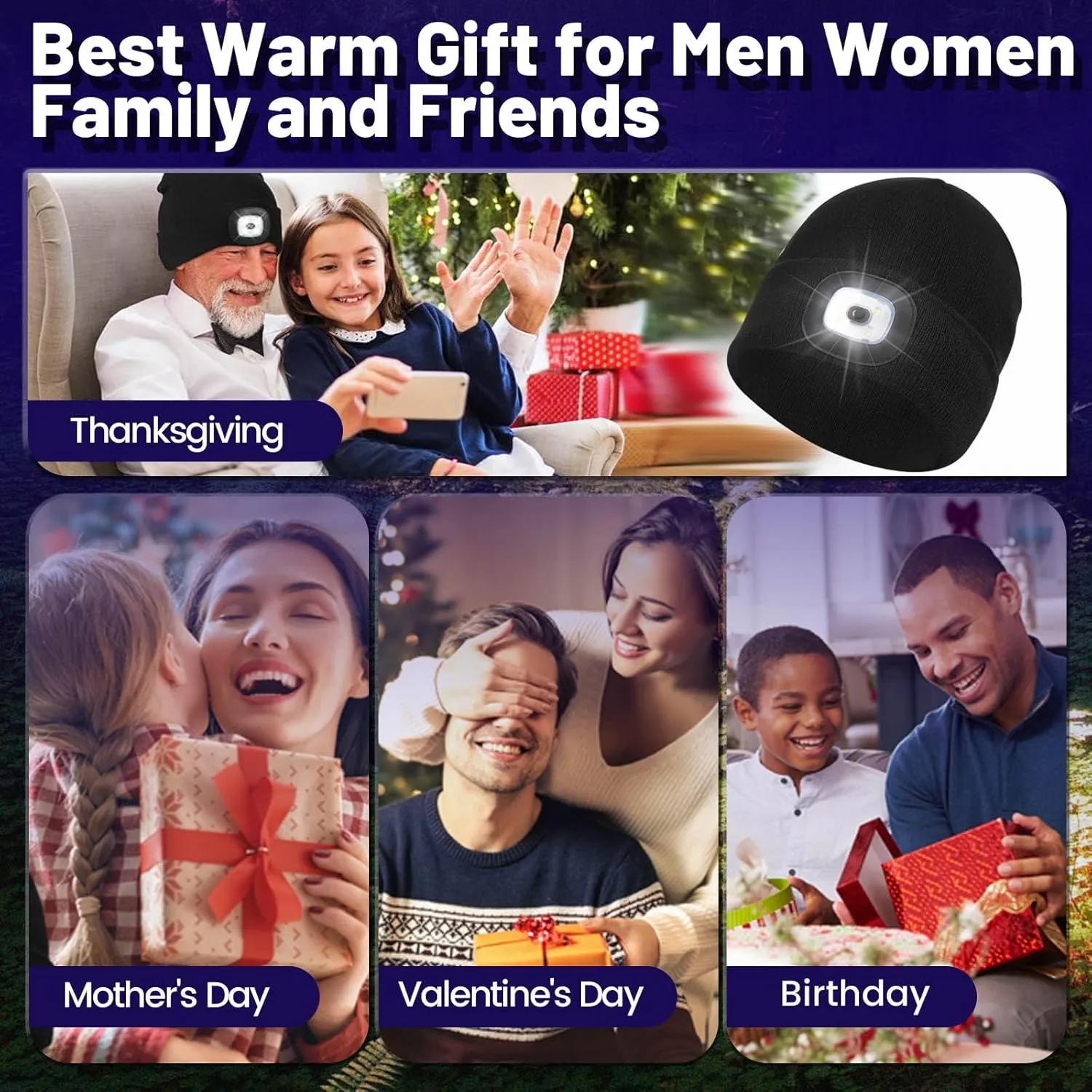 Unisex Beanie Hat with Light, USB Rechargeable LED Headlamp Cap Warm Knit Hats for Winter Safety，Gifts for Men Women Dad