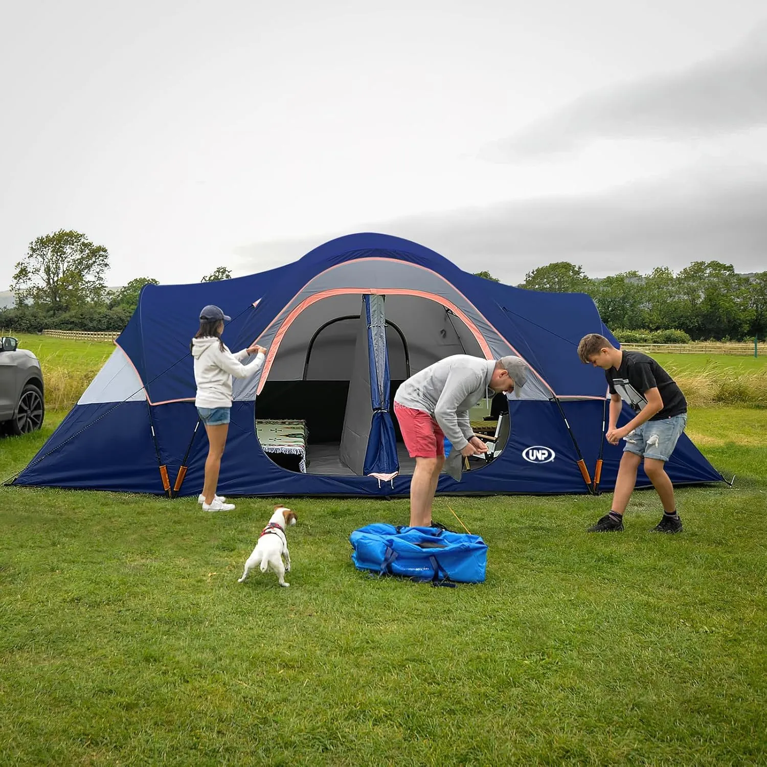 UNP Camping Tent 10-Person-Family Tents, Parties, Music Festival Tent, Big, Easy Up, 5 Large Mesh Windows, Double Layer, 2 Room, Waterproof, Weather Resistant, 18ft x 9ft x78in