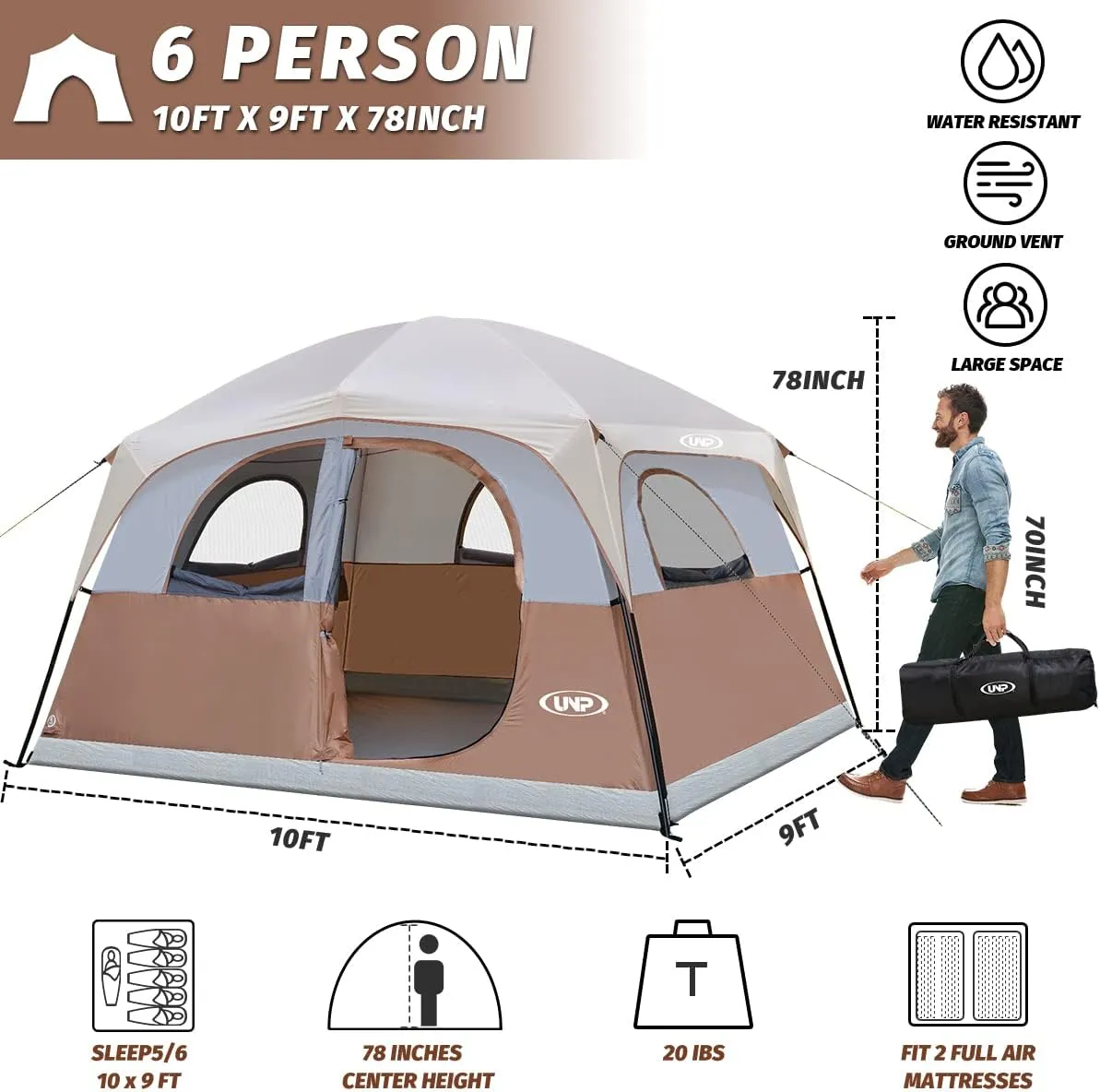 UNP Tents 6 Person Waterproof Windproof Easy Setup,Double Layer Family Camping Tent with 1 Mesh Door & 5 Large Mesh Windows -10'X9'X78in(H)