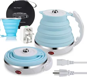 Upgrade Travel Kettle, ShineMe Food Grade Silicone Dual Voltage 110-220V Ultrathin Portable Electric Water Kettle with Cup, Universal Adaptor and Detachable Power Cord, 555ML (Blue)