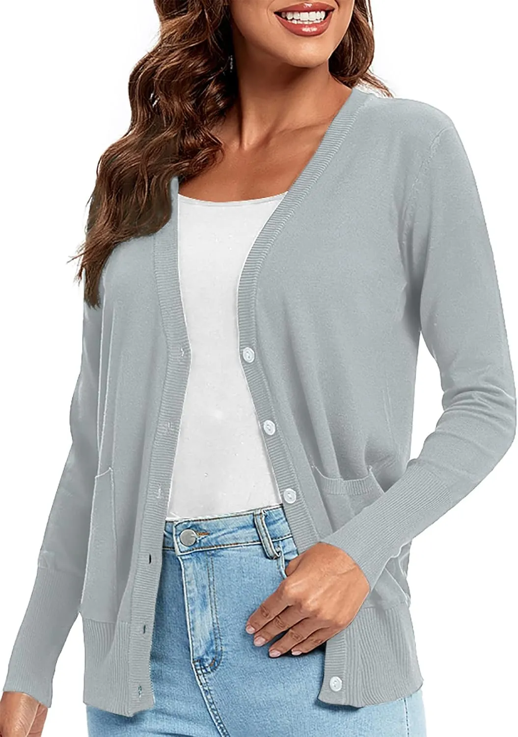 Urban CoCo Women's Lightweight Long Sleeve Cardigan Sweaters V-Neck Button Down Knit Sweater with Pockets