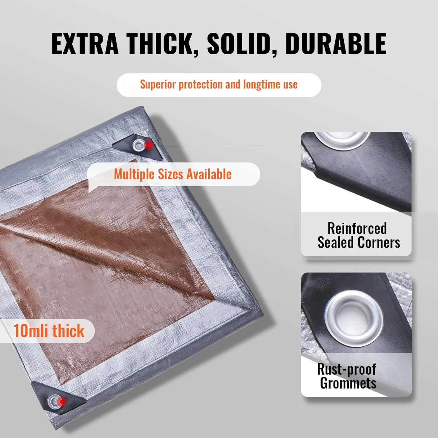VEVOR Tarp Waterproof 16x20 ft, Plastic Poly Tarp Cover 10 Mil, Multi Purpose Tear UV and Temperature Resistant Outdoor Tarpaulin with High Durability Reinforced Grommets (Silver/Brown)