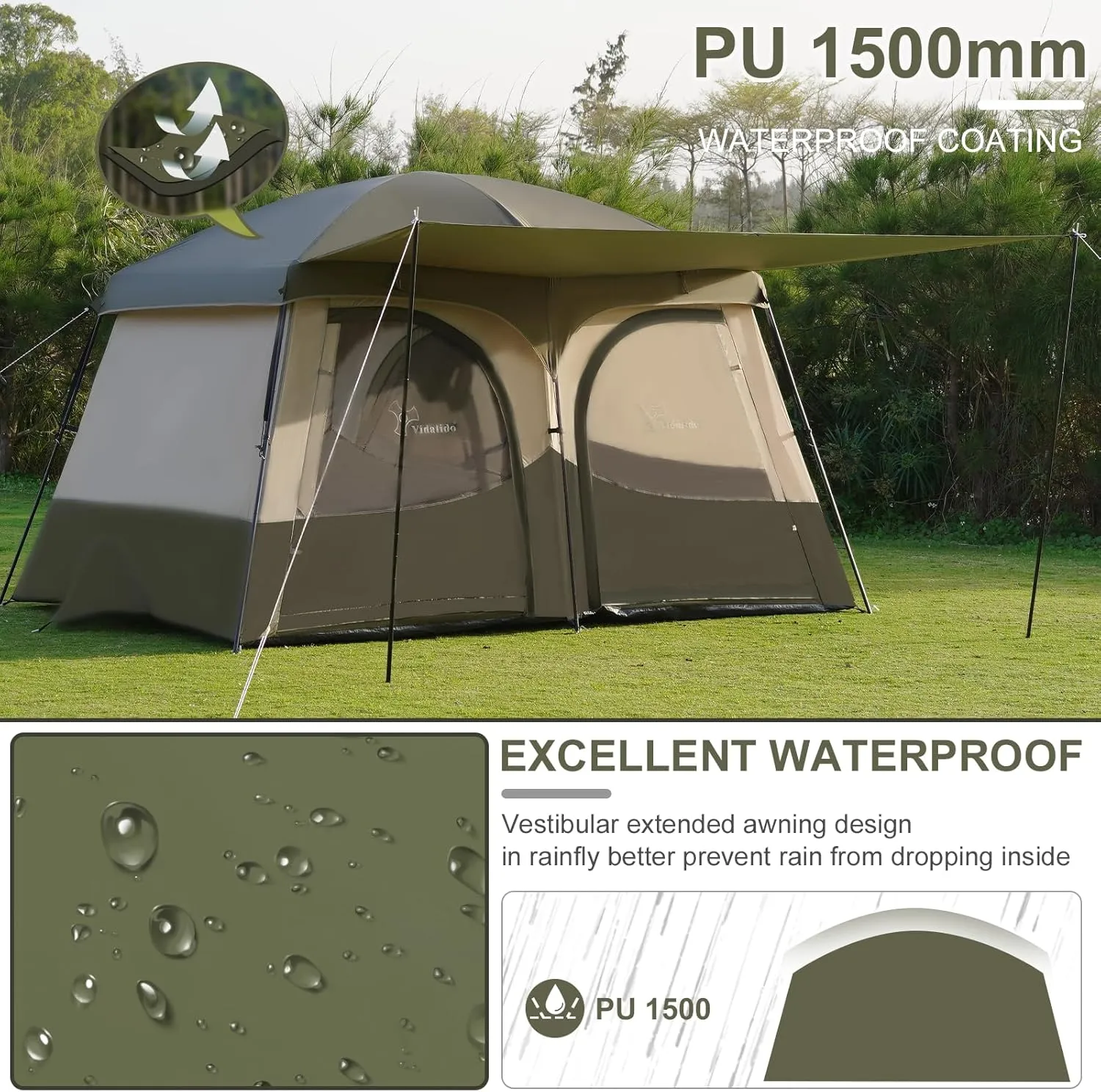 Vidalido Tents，6-8 Person Camping Tent with Extended Vestibule，2 Room Weather Resistant Family Tents，Easy Install Waterproof Outdoor Tent for Backpacking and Camping Hiking