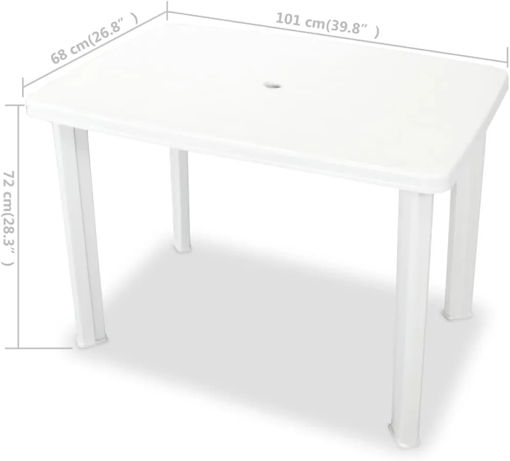vidaXL Patio Table - Weather-Resistant Outdoor Dining Table with Umbrella Hole, Durable and Easy-to-Clean, White Plastic, Rectangular, 39.8"x26.8"x28.3".