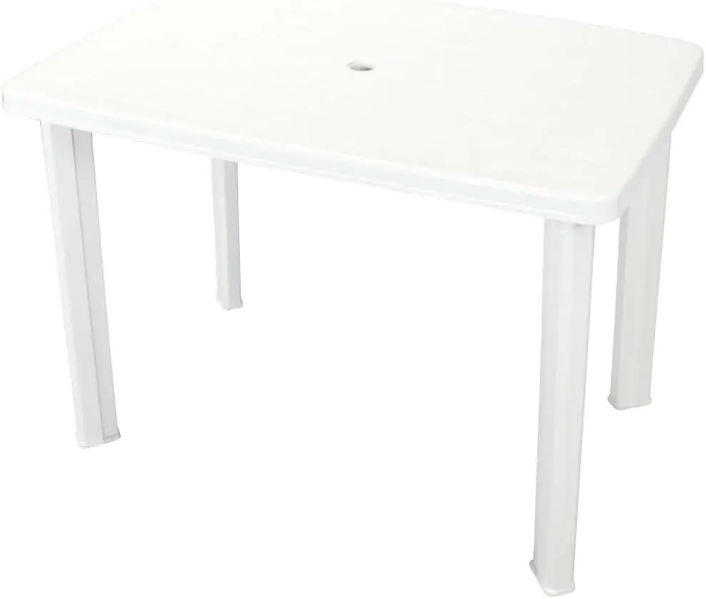 vidaXL Patio Table - Weather-Resistant Outdoor Dining Table with Umbrella Hole, Durable and Easy-to-Clean, White Plastic, Rectangular, 39.8"x26.8"x28.3".