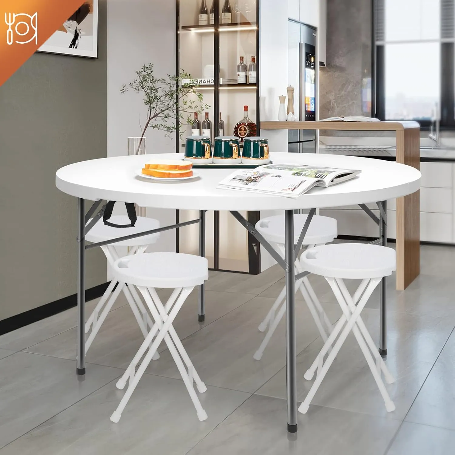 VINGLI 48" Round Bi-Folding Commercial Table, 4 Feet Portable Plastic Dining Card Table for Kitchen or Outdoor Party Wedding Event, 1-Pack