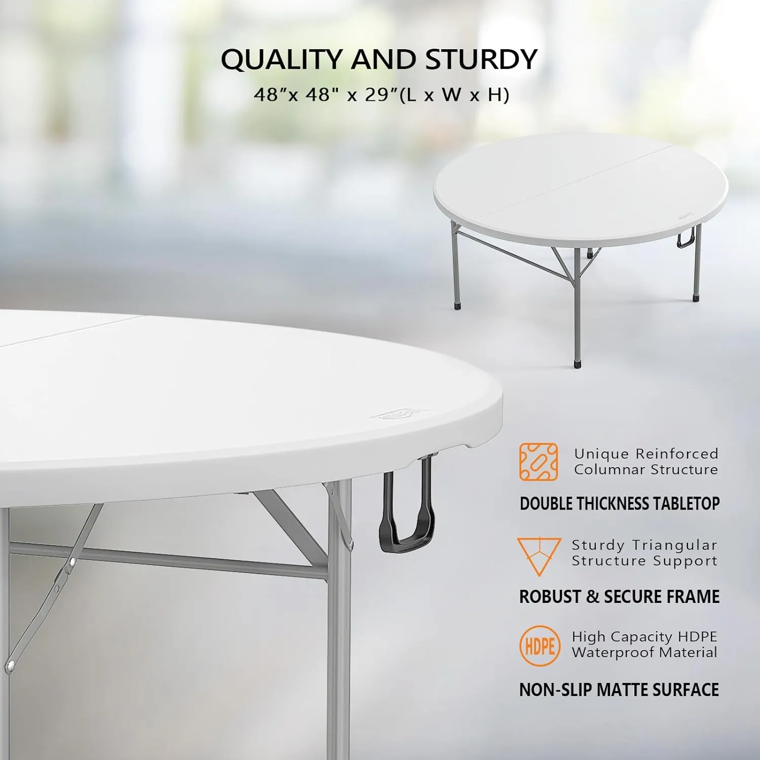 VINGLI 48" Round Bi-Folding Commercial Table, 4 Feet Portable Plastic Dining Card Table for Kitchen or Outdoor Party Wedding Event, 1-Pack