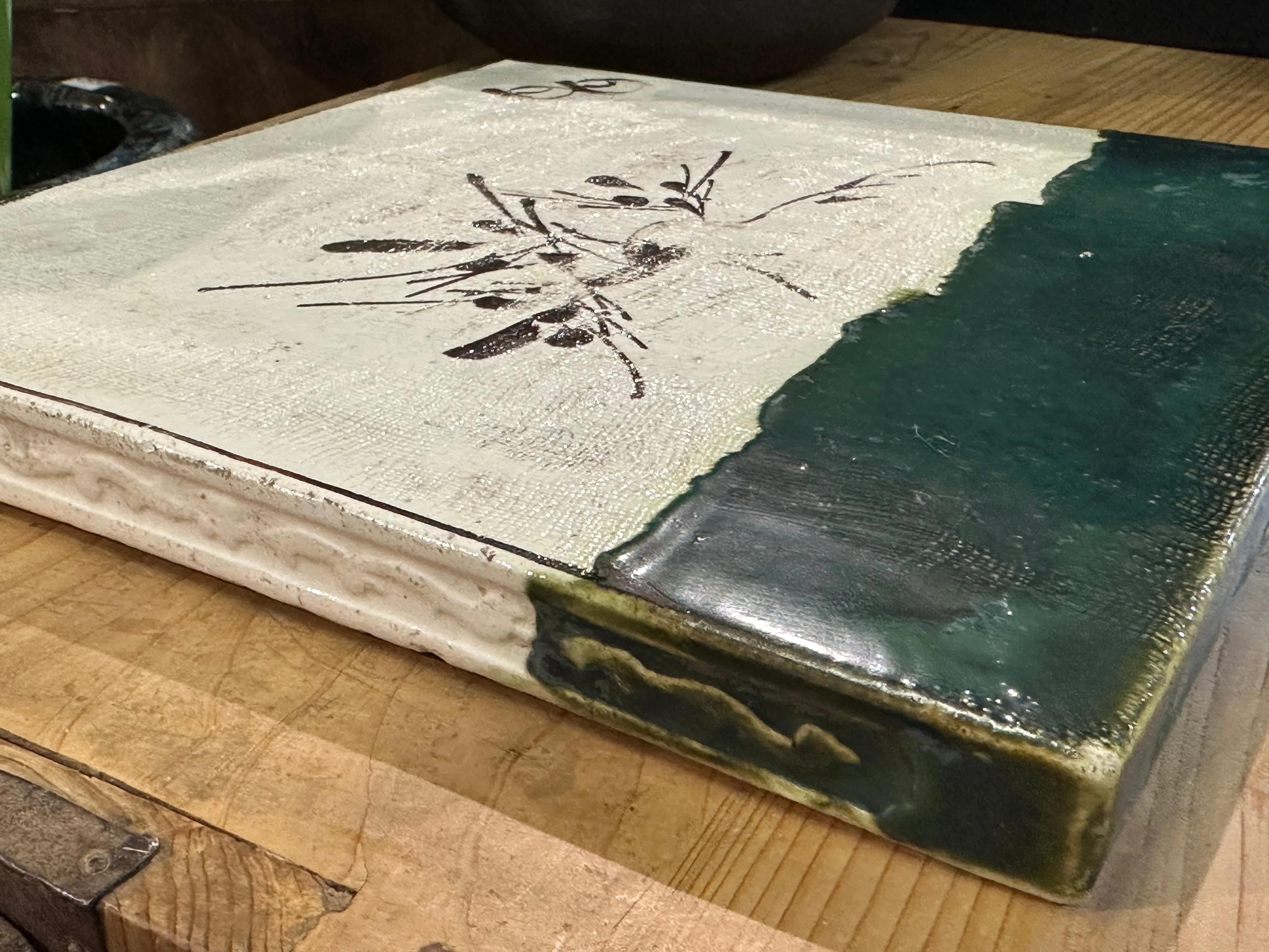 Vintage Japanese Oribe-ware Sokogawara Tile Tea Ceremony Furo 11"