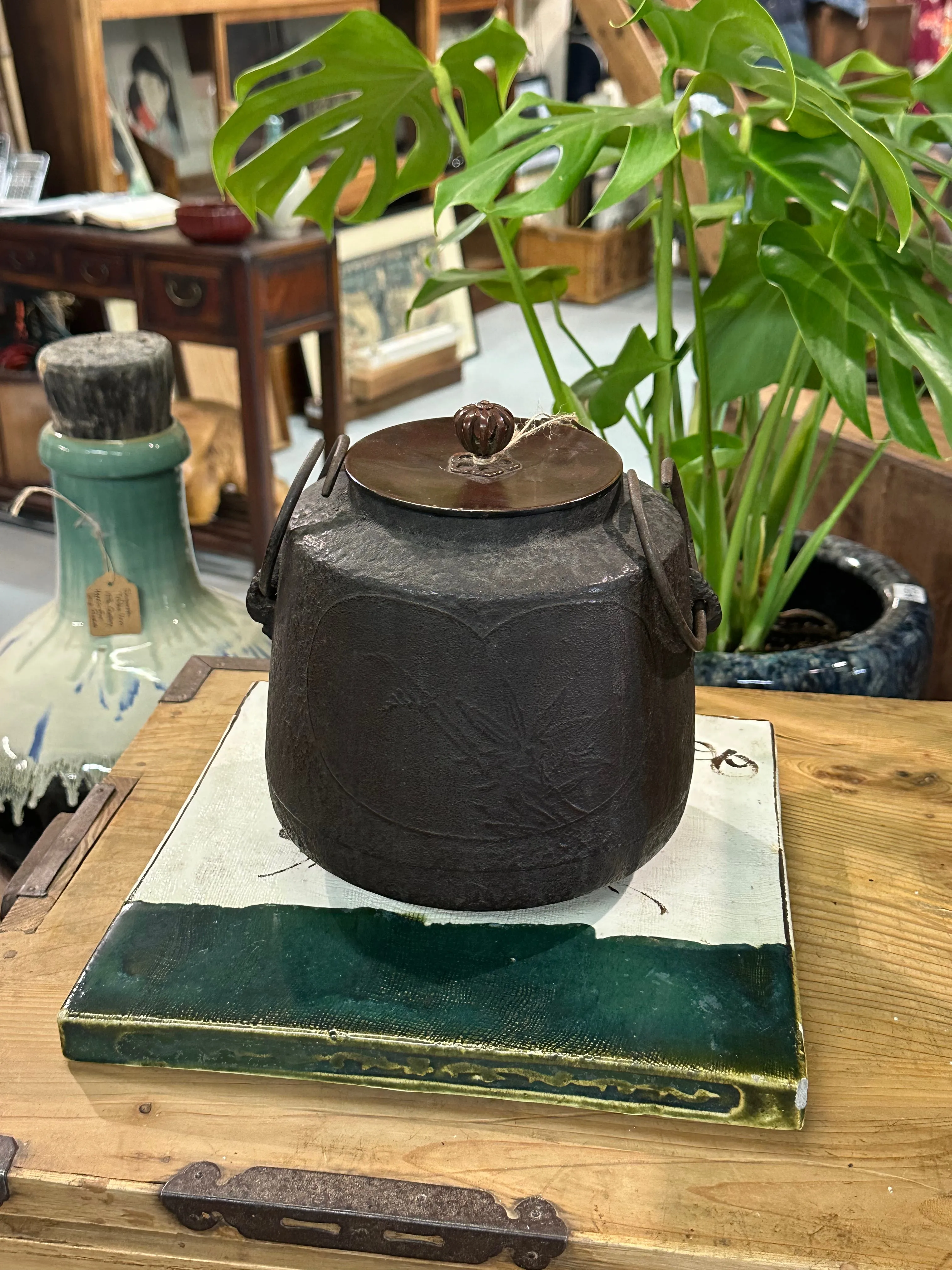 Vintage Japanese Oribe-ware Sokogawara Tile Tea Ceremony Furo 11"