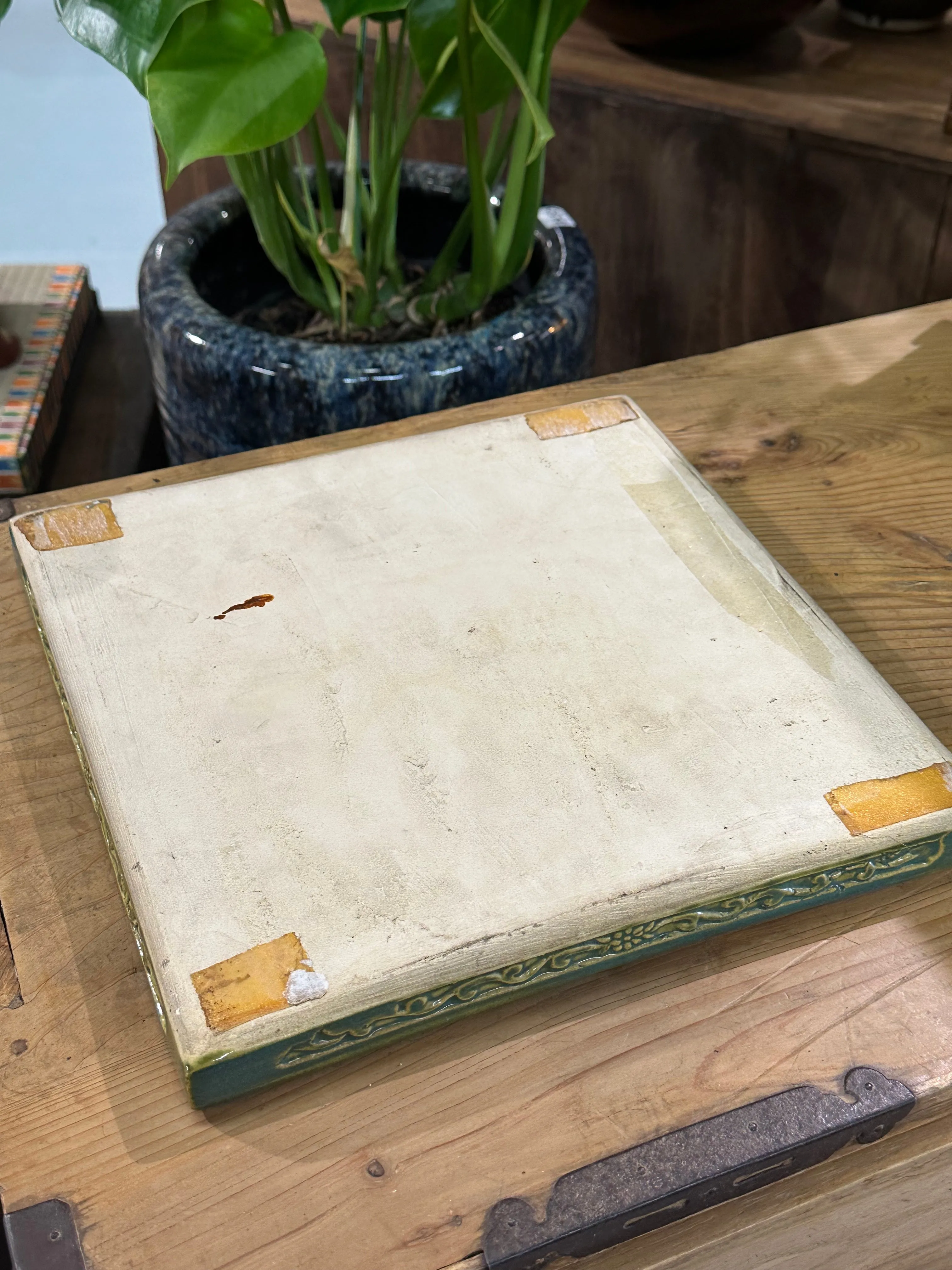 Vintage Japanese Oribe-ware Sokogawara Tile Tea Ceremony Furo 11"