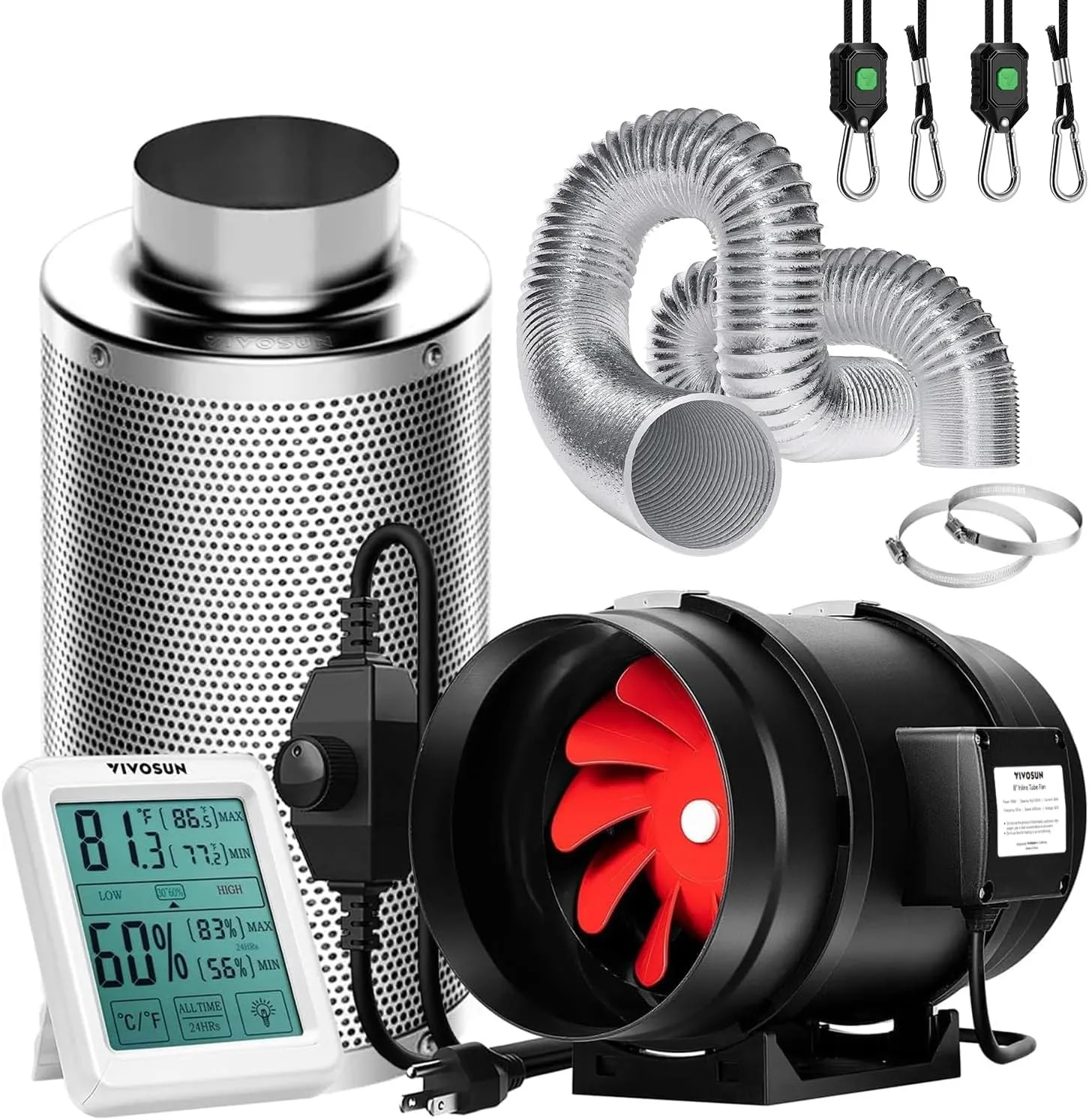 VIVOSUN 8 Inch 720 CFM Inline Fan with Speed Controller, 8 Inch Carbon Filter and 25 Feet of Ducting, Temperature Humidity Monitor for Grow Tent Ventilation